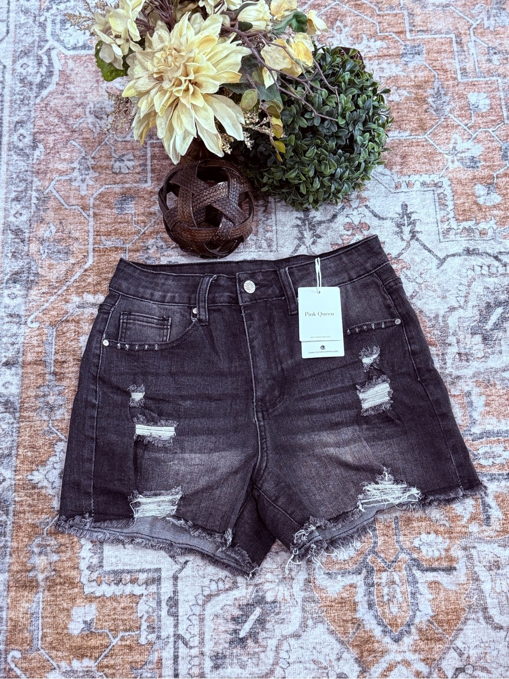 Black Distressed High-Waist Denim Shorts